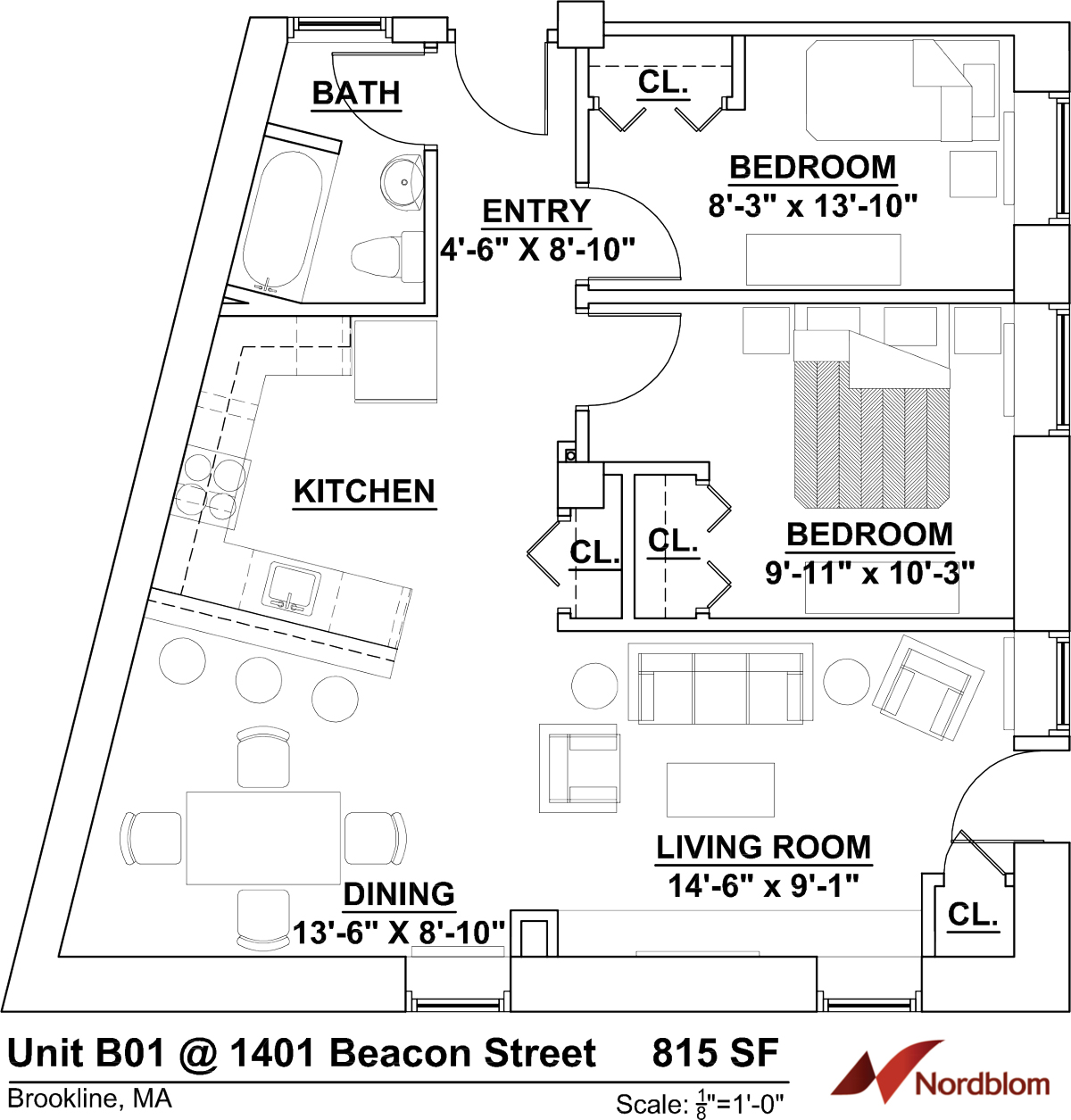 Floor plan for 2 beds, 1 bath, 815 sqft